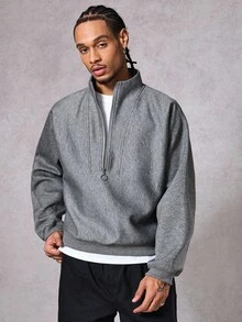 DAZY Men's Grey Half-Zip Front Pullover Sweatshirt, Sturdy Fabric, Autumn - Grey - View 5