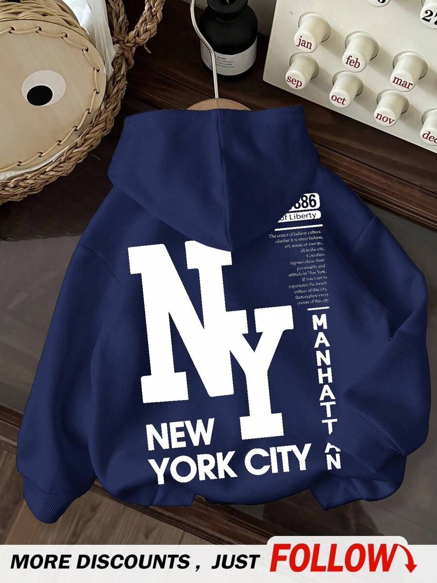 Áo sweatshirt dài tay dáng rộng, họa tiết hoạt hình NY tối giản, phong cách thường ngày cho bé trai tuổi teen, thích hợp cho mùa thu/đông. - Màu xanh hải quân - Xem 1