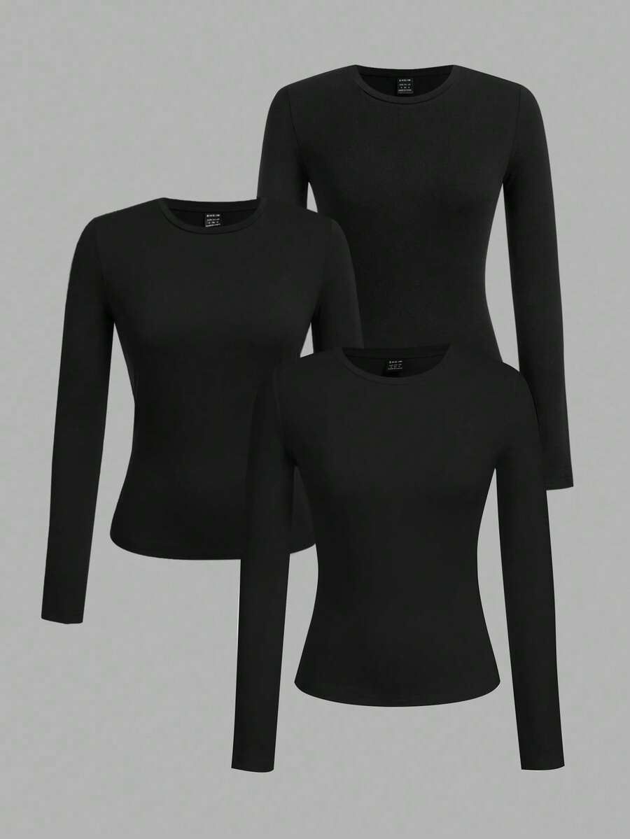 SHEIN Tall 女款 3 件組黑色長袖上衣,圓領休閒修身純色 T-shirt 套頭衫套裝,秋季春季日常基本修身上衣,適合高個女性 - 黑色 - 查看 1