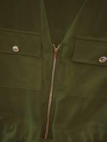 Franclia 女式V领拉链抽绳休闲短袖衬衫 - 軍綠色 - 查看 4