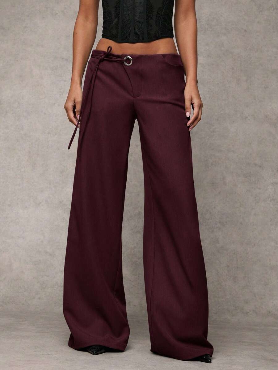 SHEIN BAE Women's Gray Solid Color Casual, Commuting, Leisure, Daily Casual Waist Eyelet Decor Drawstring Loose Wide Leg Pants - Maroon - View 1