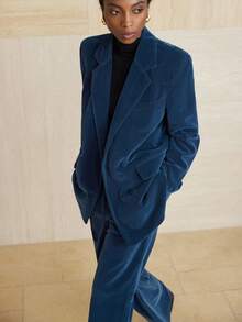 Aveloria Modichic Bộ đồ vest nhung hai hàng khuy công sở và quần ống rộng cho nữ - Màu xanh lam - Xem 3