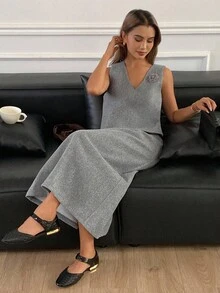 DAZY 2pcs Women's Elegant Solid Color V-Neck Sleeveless Crop Top With Bow Decor & Straight Hem Midi Skirt Suit Set, Autumn/Winter Lounge Sets For Women - Grey - View 6