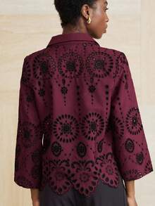 Aveloria Modichic French Elegant Elaborately Embroidery V-Neck Asymmetric Hem Long Sleeve Blouse For Women  - Red - View 2