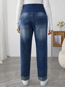 SHEIN 舒适弹力休闲百搭日常孕妇牛仔裤 - 中等水洗藍 - 查看 2