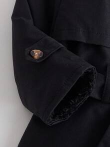 SHEIN 1 buc. Trench lung, la modă, minimalist, stil stradal, negru, cu mânecă lungă și rever, cu decor din blană în interior și curea, potrivit pentru purtare zilnică și școală - Negru - View 6