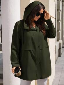 EMERY ROSE 秋冬大码女式纯色长袖口袋抽绳连帽风衣 - 軍綠色 - 查看 5