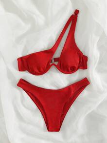 Swim Basics 2026 Spring/Summer Adjustable Shoulder Strap Underwire Padded Back Hook Solid Color High Cut Bottom Red Women's Bikini 2-Piece Set - Red - View 3