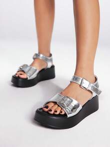 Sugerpunk Women's Fashion Thick Sole Silver Metallic Double Buckle Open Toe Street Party Summer Sandals - Silver - View 3