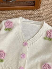 LMoss Kids Cardigan casual tricotat cu flori 3D pentru bebeluși și fetițe - alb - Vizualizare 6