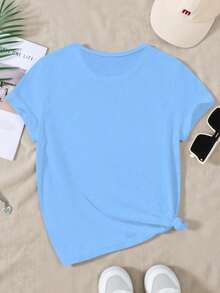 SHEIN 1 pezzo Girocollo corto a T casual con volant blu e prensione, adatto per l'estate - Blu - Visualizzare 2