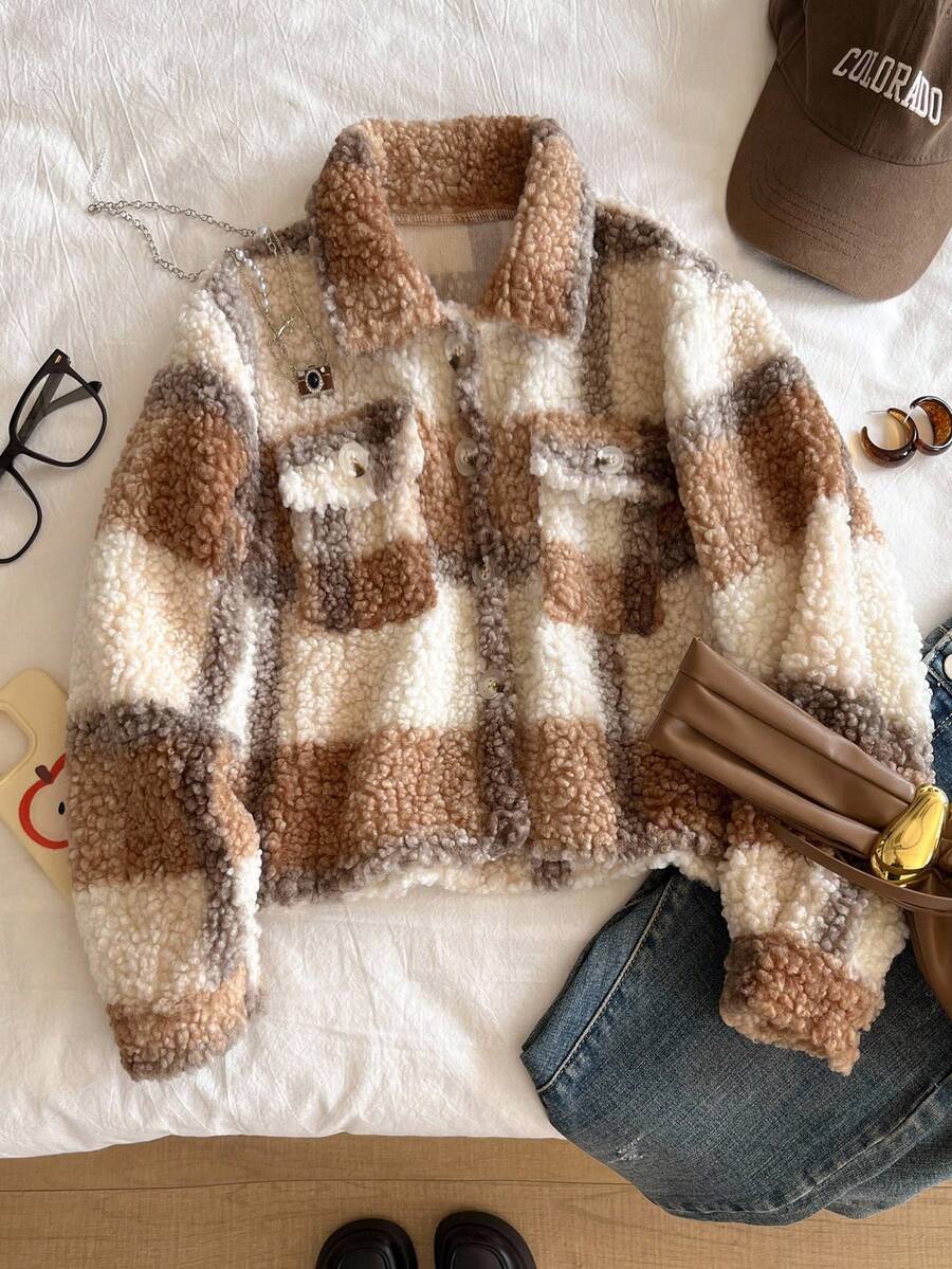 Tween Girl Casual Plaid Faux Fur Jacket, Autumn/Winter - Khaki - View 1
