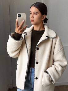 Livesso Chaqueta de bolsillo con forro de borreguito sintético de ajuste regular para mujer, abrigos de mujer de otoño - Beis - Ver 5