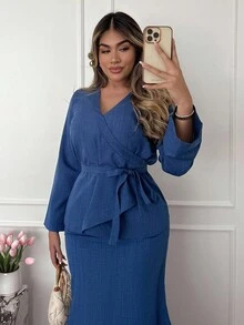 Xyvia 2pcs Women Elegant V-Neck Long Sleeve T-Shirt And Wide Leg Pants Set, Asymmetric Hem Two Pieces Outfit, Autumn/Winter - Blue - View 6