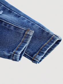 SHEIN 女婴蓝色破洞紧身牛仔裤 - 深色水洗藍 - 查看 3