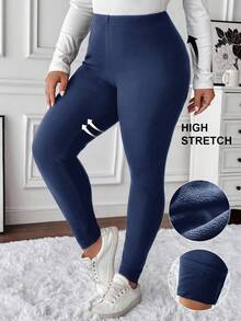 SHEIN LUNE 加大码女式纯色修身保暖内衬打底裤女式短款打底裤女式可爱下装女式弹力短裤/冬季 - 藍色 - 查看 7