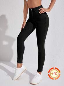 SHEIN SXY 女式高腰口袋紧身休闲百搭牛仔裤 - 黑色 - 查看 6