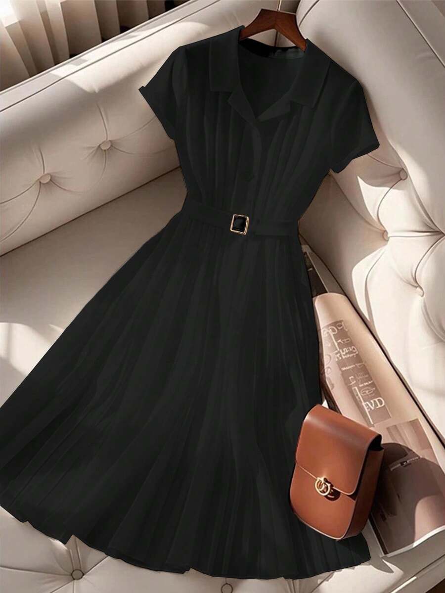 SHEIN Clasi 女士纯色翻领短袖衬衫中长连衣裙 - 黑色 - 查看 1