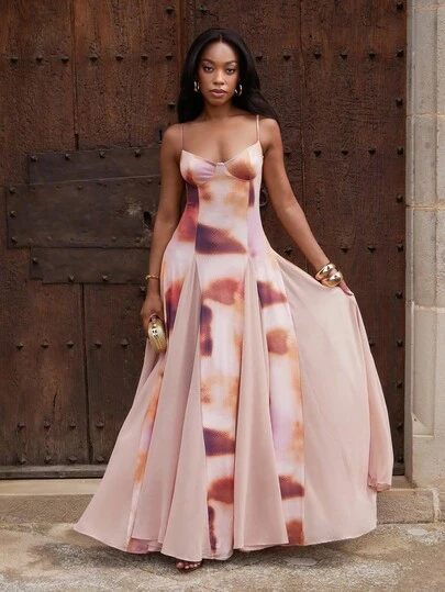 Yess Loren 秋冬季多色渐变紫色印花拼布连衣裙，下摆超大，适合浪漫约会、派对和聚会