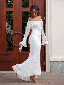 Yess Loren Women's Elegant Off Shoulder White Lace Long Sleeve Maxi Mermaid Dress, Suitable For Wedding, Party, Bridesmaid Dress,White Graduation Dress - White - View 5