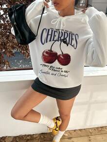 SHEIN EZwear 秋冬女士休闲简约印花图案连帽宽松厚款卫衣 - 白色 - 查看 5