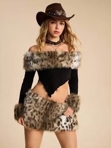 ROMWE EDITION Y2K 秋冬原宿辣妹豹纹毛茸茸拼接露背女上衣搭配豹纹毛茸茸性感低腰迷你裙 - 黑色 - 查看 2