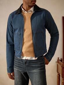 Manfinity Homme 街头休闲洗水黑色修身短款撞色领牛仔夹克，春秋 - 藍色 - 查看 7