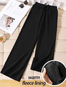SHEIN Tween Girls' Casual Basic Minimalist Fleece Lined Ribbed Knit Relaxed Fit Wide Leg Sweatpants, Black Fall Winter