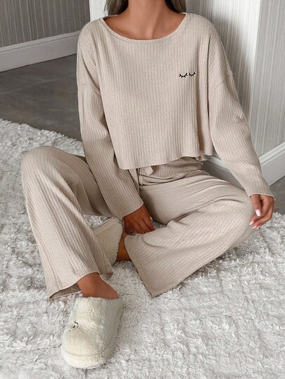 2pcs Cotton V Neck Contrast Piping With Eye Embroidery Detail Homwear Set Women Lounge Set Long Sleeve Lounge Set Lounge Wear Set