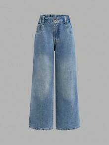 青少年女孩时尚宽松阔腿口袋牛仔裤 - 彩色 - 查看 7