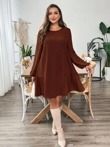 SHEIN Essnce Váy kaki dài tay rộng rãi, thoải mái cho mùa thu đông cỡ lớn dành cho nữ, váy ngắn mùa thu, trang phục mùa thu cho nữ, trang phục công sở, váy công sở cho nữ, dạ hội, trang phục giáo viên, váy cong - Rỉ Nâu - Xem 6