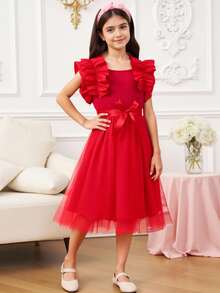 SHEIN 女童盖袖罗纹网眼圆领夏季公主百搭连衣裙（配腰带） - 紅色 - 查看 4