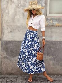 Brillora Falda de verano con estampado floral y dobladillo con volantes - Azul y blanco - Ver 7