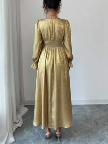 Elenzga 女士编织优雅长款秋季金色连衣裙 - 金色 - 查看 2