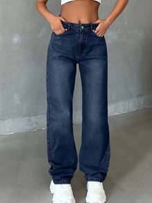 SHEIN Tall HIGH RISE STRAIGHT CUT LIGHT BLUE JEAN TALL - Dark Wash - View 5