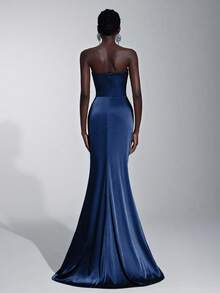 Elitara Elegant Handmade Rhinestone Embellished Strapless Mermaid Tail Dress With Ruched Waist,Perfect For Weddings,Formal Events,Galas,Dates And Vacations - Navy Blue - View 2