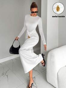 Siren Gaze Elegant White Maxi Dress, Fall Clothes For Women Autumn Winter Long Sleeve Bodycon Dress With Pleated Waist Gold Metal Buckle, Formal Chic Party Wedding Graduation Prom Dress For Work Date Halloween Christmas New Year, 2025 New High - End Old Money Style Luxury Casual Must - Have Evening Dress