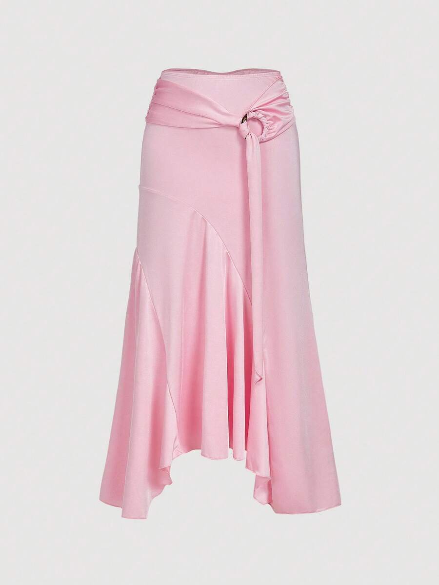 SHEIN MOD Falda larga elegante de cintura alta con volantes y bajo asimétrico de unicolor para mujer - Rosa Pálido - Ver 1