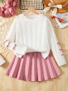 SHEIN 青少年女孩麻花针织拼色蝴蝶结圆领休闲百搭毛衣 A 字裙 2 件套，休闲可爱，适合秋冬日常穿着，返校 - 彩色 - 查看 2