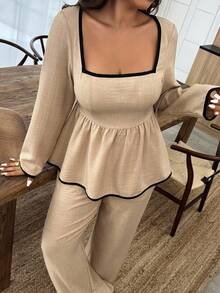 Weeklong 大码休闲通勤拼色衬衫和裤子两件套 - 卡其色 - 查看 5