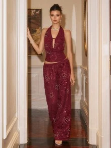 Poéselle 时尚酒红色亮片性感露背吊带上衣，适合女士，优雅派对、圣诞节、新年等场合，尽显高贵气质，适合秋冬季节穿着。 - 酒紅色 - 查看 5