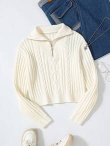 少女高领半拉链粗针织休闲毛衣，适合居家、外出、派对、返校、秋冬季、圣诞节和万圣节等场合。 - 白色 - 查看 1