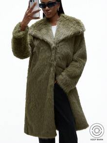 Aveloria GENKIRA Abrigo largo de mujer de piel sintética verde oliva, elegante y versátil de estilo casual y sobredimensionado - Marrón - Ver 5