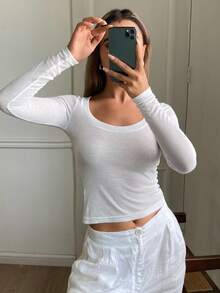 DAZY Women's Solid Color Slim Fit Stretchy Thin Long Sleeve Casual T-Shirt, Spring/Summer