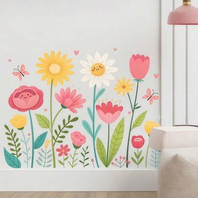 SHEIN 1件装卡通水彩蝴蝶花朵墙贴浴室家居装饰贴纸客厅卧室墙贴房间墙贴门贴房间装饰电视沙发背景墙装饰客厅装饰个性化贴纸