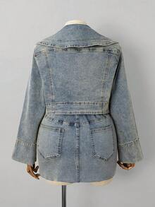 Sunspun 冬季加大码女式蓝色弹力性感短袖牛仔外套，适合秋季约会之夜 - 中等水洗藍 - 查看 2