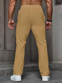 Manfinity LEGND Men's Plain Drawstring With Pocket Casual Pants, Men Drawstring Pants, Men Wide Leg Side Stripe Gym Pants, Men Straight Leg Sweatpants, Men Pants Summer, For Fall - Khaki - View 2