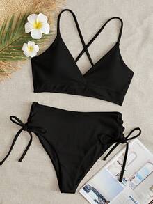 Swim Basics 2026 Spring/Summer 2pcs Women Black Beach Outfit, Deep V Backless Ruched Wireless Swimsuit, Casual Summer Beach Swimwear - Black - View 1