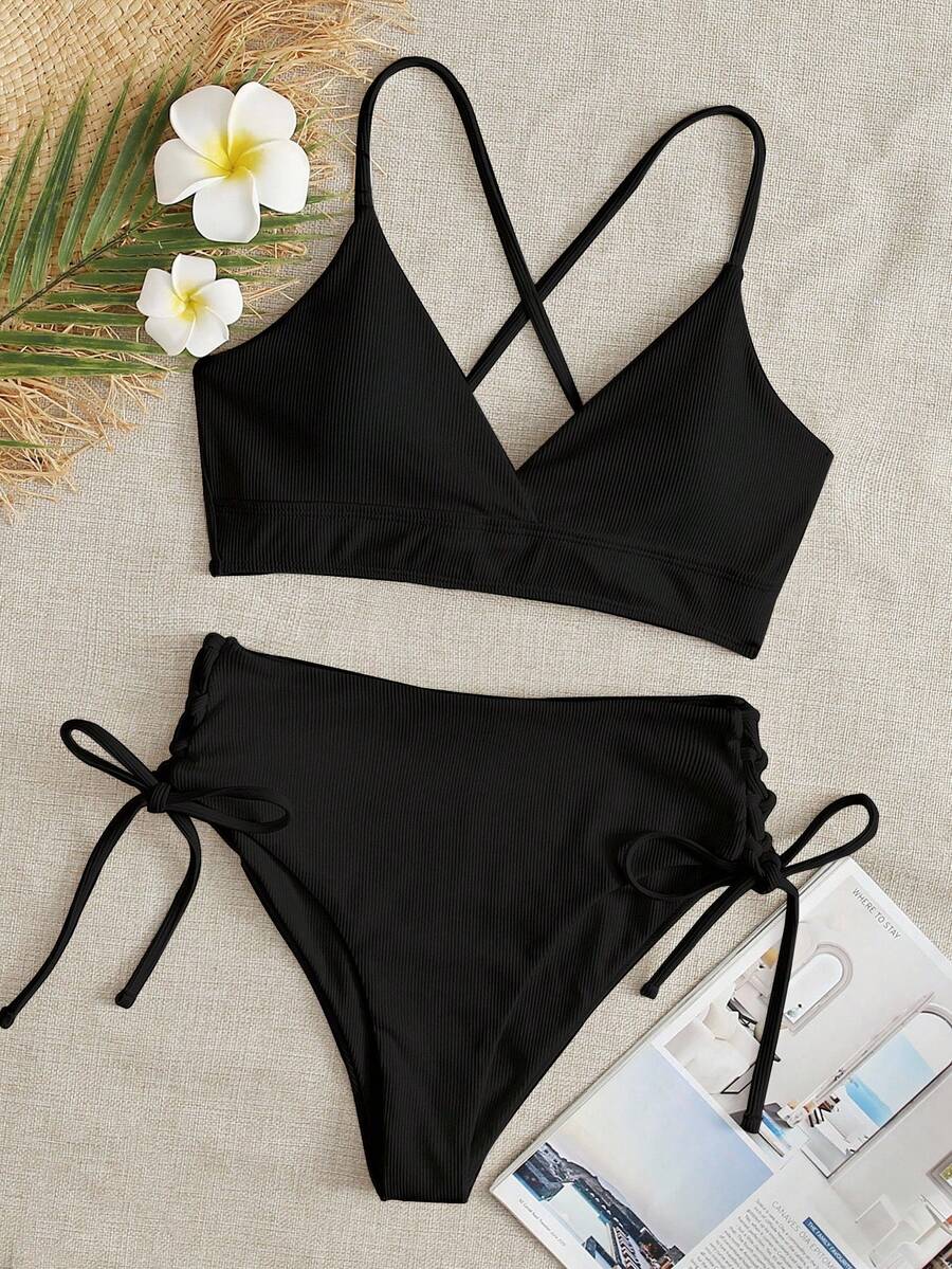Swim Basics 2026 Spring/Summer 2pcs Women Black Beach Outfit, Deep V Backless Ruched Wireless Swimsuit, Casual Summer Beach Swimwear - Black - View 1