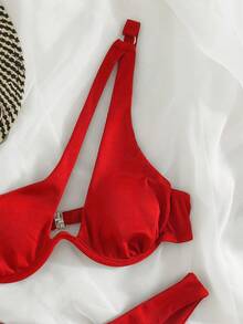 Swim Basics 2026 Spring/Summer Adjustable Shoulder Strap Underwire Padded Back Hook Solid Color High Cut Bottom Red Women's Bikini 2-Piece Set - Red - View 4